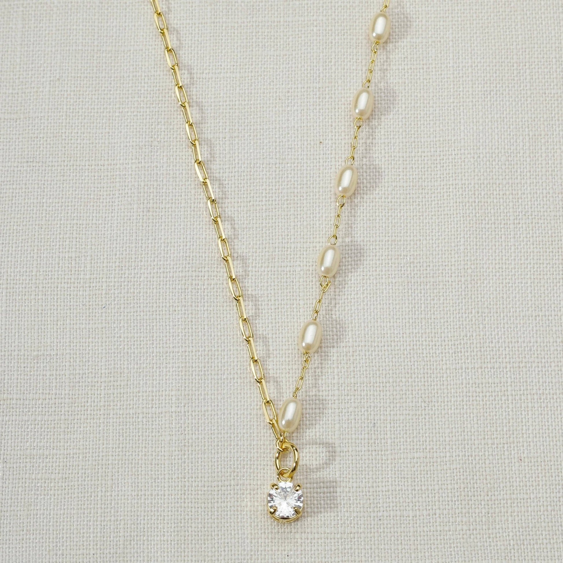 18k Gold Filled Oval Shaped Pearl Necklace With Cubic Zirconia Stone Charm - FOREVERLINKX